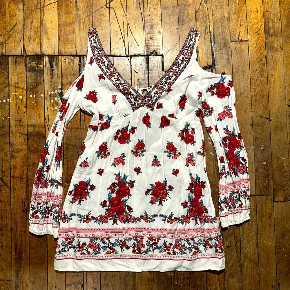Forever 21 Mini Dress Women's Large White Red Flower Print Long Sleeve V-Neck